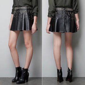 ZARA Black Faux Leather Gold Studded Mini Skirt